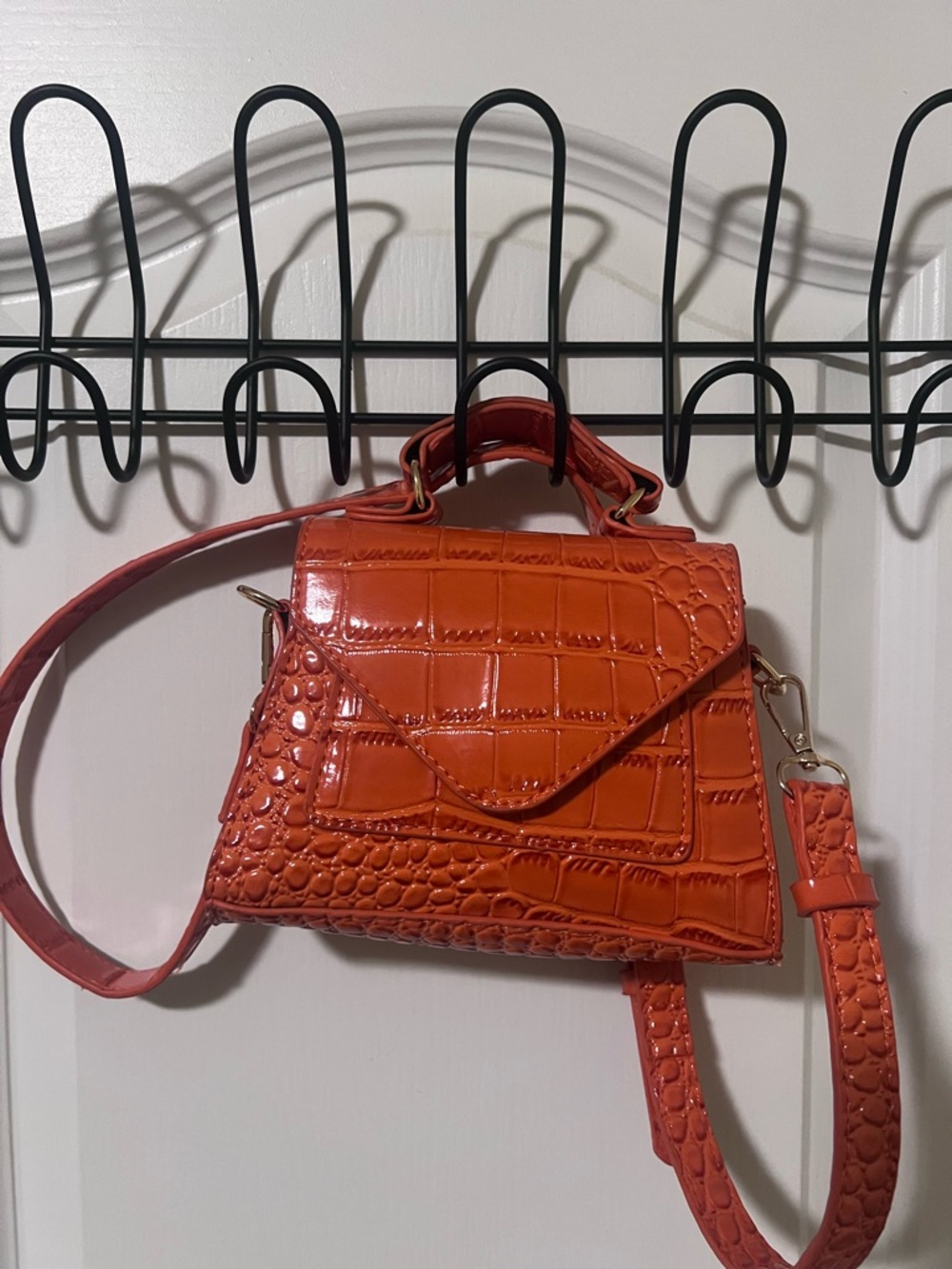 Vibrant Orange Crocodile textured Mini Crossbody Bag
